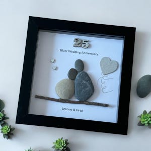 Silver Wedding Anniversary Gift, 25th Anniversary Gift, Wedding Gifts, Silver Anniversary Pebble Artwork Frame, Silver Anniversary Frame