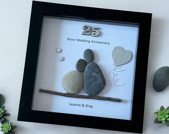 Personalized 25th Anniversary Pebble Art Frame, Silver Heart