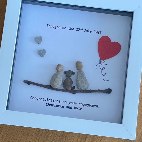 Engagement Pebble Frame, Personalised Engagement Gift, Engaged Couple with Dog Frame, Handmade Engagement Gifts