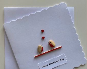 Handmade Valentine's Day Pebble Card, Love Birds on Branch