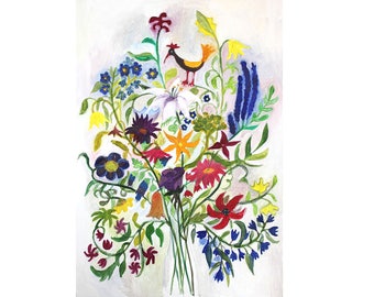 SOMMERBLUMEN, Giclée-Druck von Öl-Malerei Malerei, bunte Blumen print, fröhlichen Blumenmuster, Sommerblumen, Kindergarten Kunst, Vogel Druck