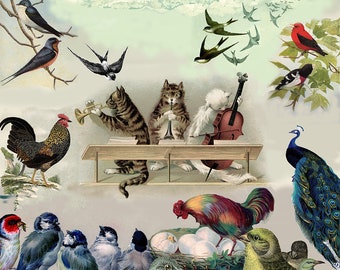 Vintage cats kittens print- cats play music to birds-cat wall decor-feline illustration-cabin vintage print-wild animal-animal print