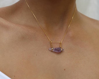 Amethyst Necklace, Raw Genuine Amethyst Crystal, 18K Minimalist Gold Filled Box Chain, February Birthstone Jewelry, Birthday Gift For Her