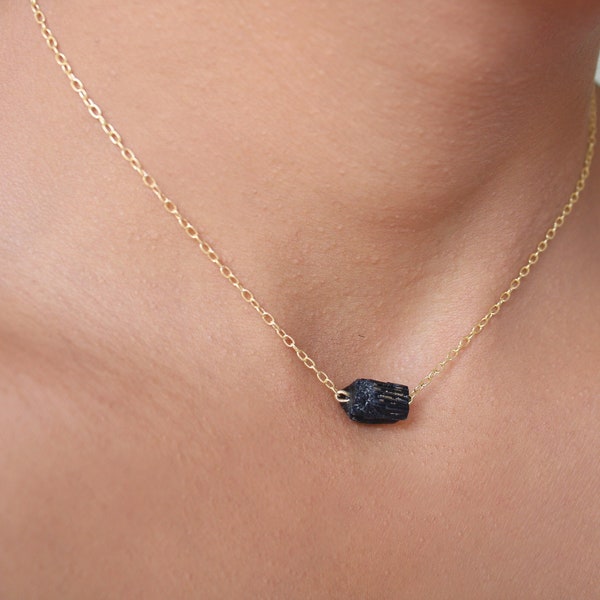 Black Tourmaline Necklace in 18k Gold Filled, Raw Tourmaline Crystal Jewelry, Tourmaline Jewelry, Black Stone Necklace, Gold layering chain