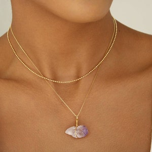 Collar de amatista en bruto: cadena impermeable de oro brasileño de 18 quilates, piedra de nacimiento de febrero.