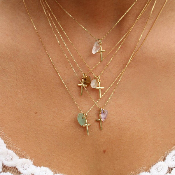 Dainty Cross Necklace: 18K Gold Filled Chain with Crystal
