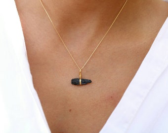 Black Tourmaline Necklace, 18K Minimalist Gold Filled Chain, Raw Black Crystal Jewelry