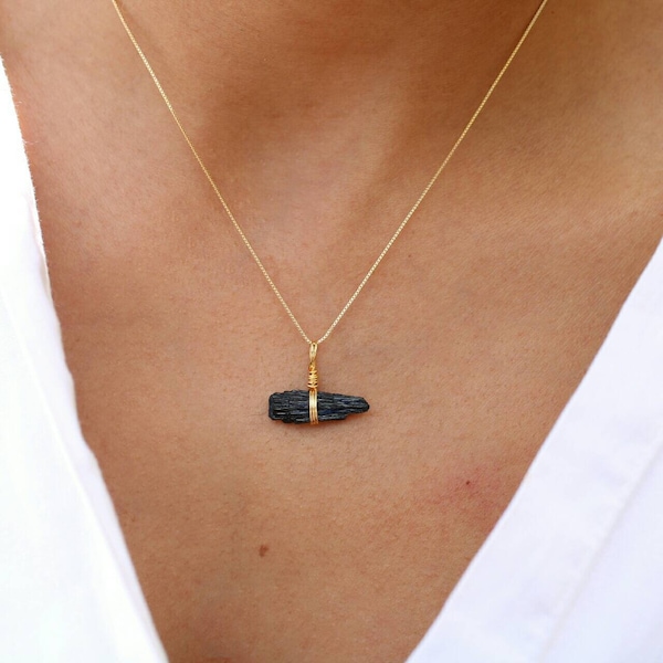 ブラックトルマリンネックレス、18Kミニマリストゴールドフィルドチェーン、生ブラッククリスタルジュエリー