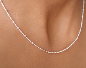 Beaded 925 Sterling Silver Necklace, Silver Satellite Chain, Layering Dainty Minimalist Jewelry, Silver Layering Necklace