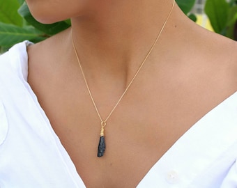 Black Tourmaline Crystal Necklace, 18k Gold Filled Chain, Raw Genuine Black Tourmaline Stone Jewelry