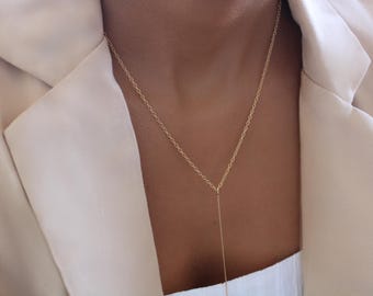 Dainty 18k Gold Filled Lariat Necklace: Minimalist Drop Chain
