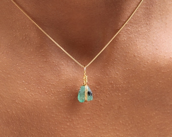 Genuine Colombian Raw Emerald Necklace, Raw Natural Crystal, 18K Gold Filled Chain, Minimalist May Birthstone Jewelry