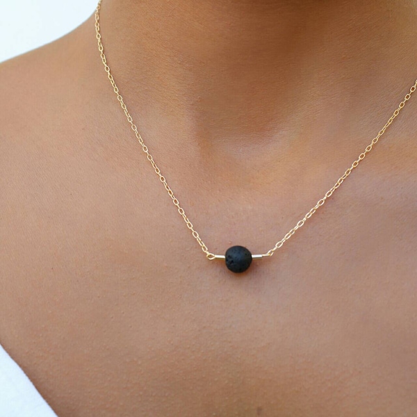 Lava Bead Necklace, Essential Oil Necklace, Aromatherapy Minimalist Diffuser Necklace, 18K Gold Filled Chain, Gold Layering Necklace