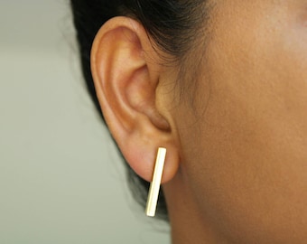 18K Gold Filled Bar Stud Earrings: Minimalist Rectangle Hoops