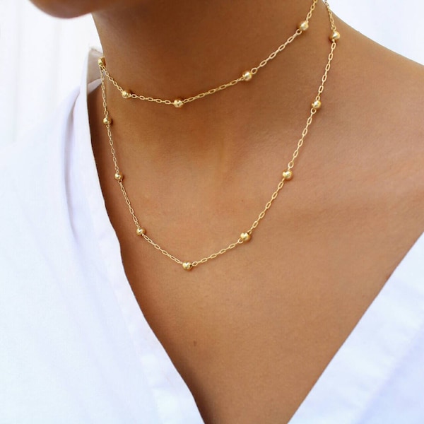 Beaded 18k Gold Filled Chain, Double Wrap Necklace, Satellite Layering Chain, Long Gold Filled Chain