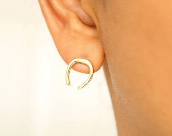 Lucky Horseshoe Stud Earrings, 18K Gold Filled Minimalist Post Earrings,