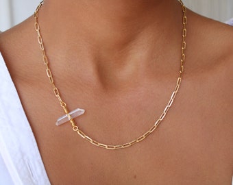 Clear Quartz Necklace, Genuine Raw Quartz Crystal, 18K Minimalist Gold Filled Box Chain, April Birthstone Jewelry, Birthday Gift For Her