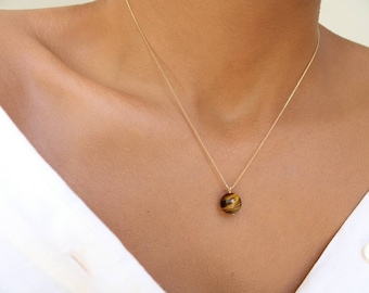 Tiger Eye Necklace: 18K Gold Filled Chain, Strength Crystal