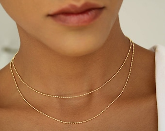 Chaîne de perles en or 18 carats, chaîne de perles taillées en diamant, collier chaîne satellite, chaîne minimaliste en perles d'or, collier superposition d'or