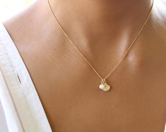 Dainty Gold Seashell Necklace: 18K Gold Filled Chain & Freshwater Pearl