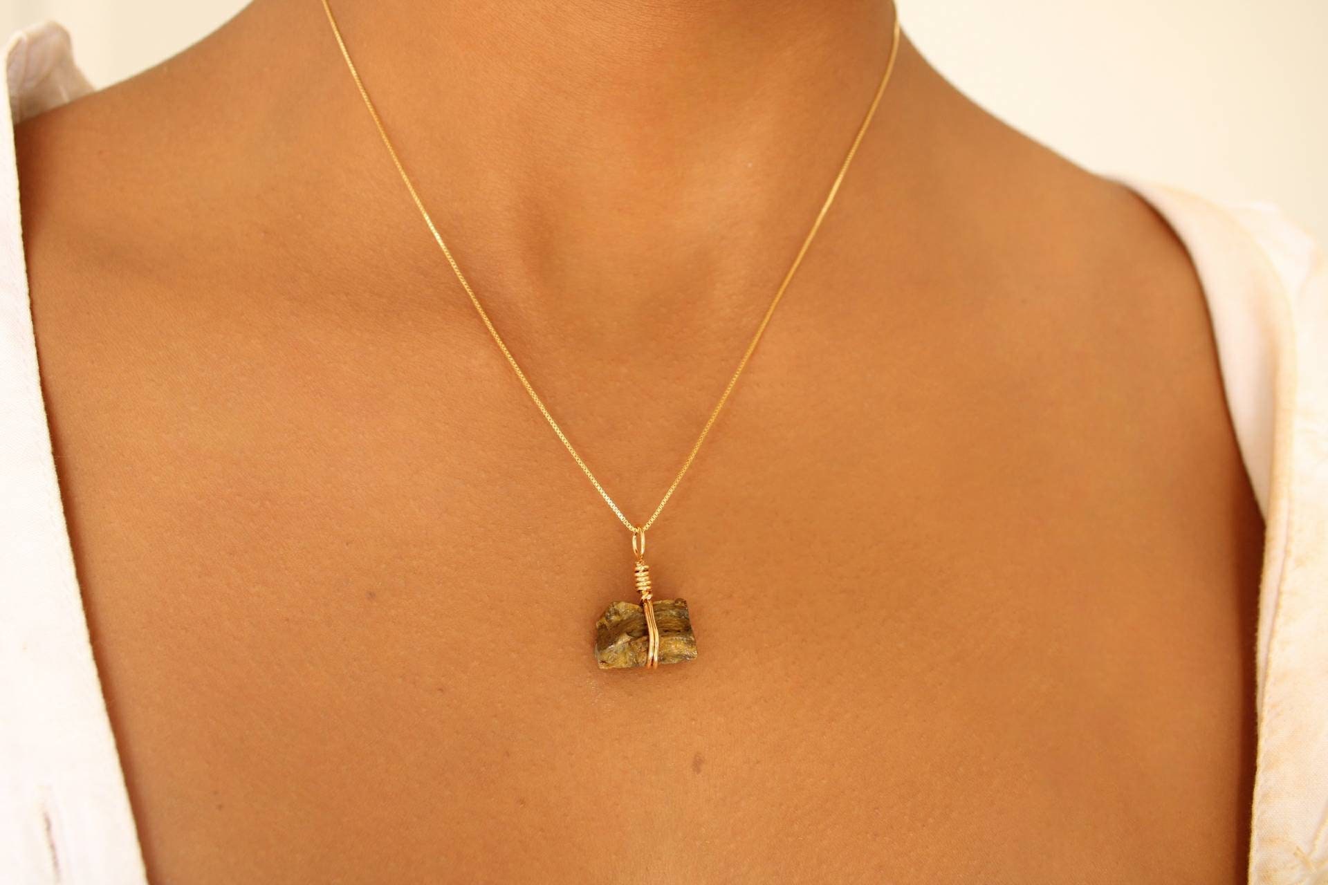 Tiger Eye Necklace: Dainty 18K Gold Filled Chain, Strength Crystal 