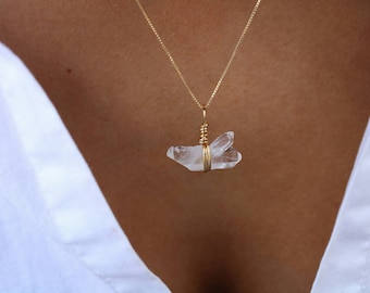 Raw Clear Quartz Necklace: 18k Gold-Filled Chain, April Birthstone