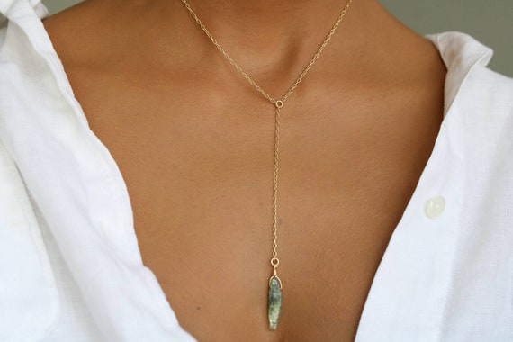 Green Kyanite Lariat Necklace: 18k Gold Filled Y Chain
