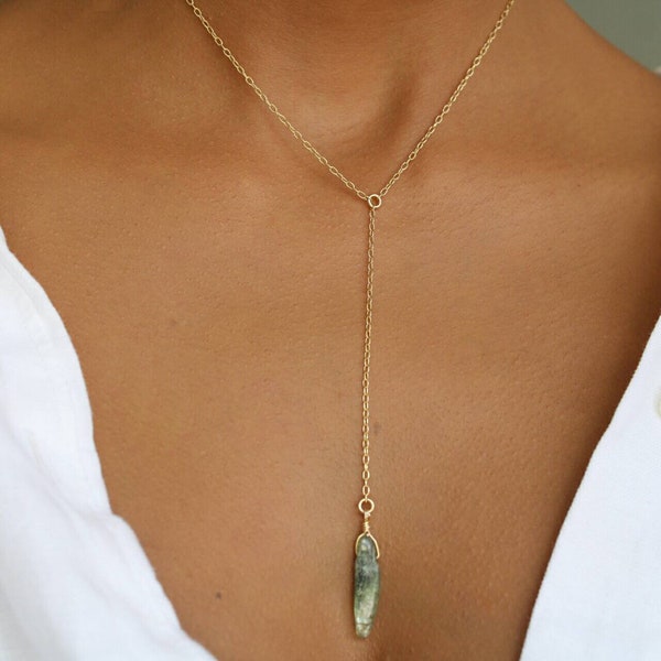 Green Kyanite Lariat Necklace, Dainty Y Lariat, 18k Gold Filled Minimalist Chain, Genuine Natural Crystal Jewelry, Birthstone Jewelry