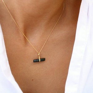 Black Tourmaline Necklace, 18K Minimalist Gold Filled Box Chain,  Raw Dainty Black Crystal Jewelry