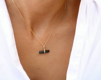 Black Tourmaline Necklace, 18K Minimalist Gold Filled Box Chain,  Raw Dainty Black Crystal Jewelry