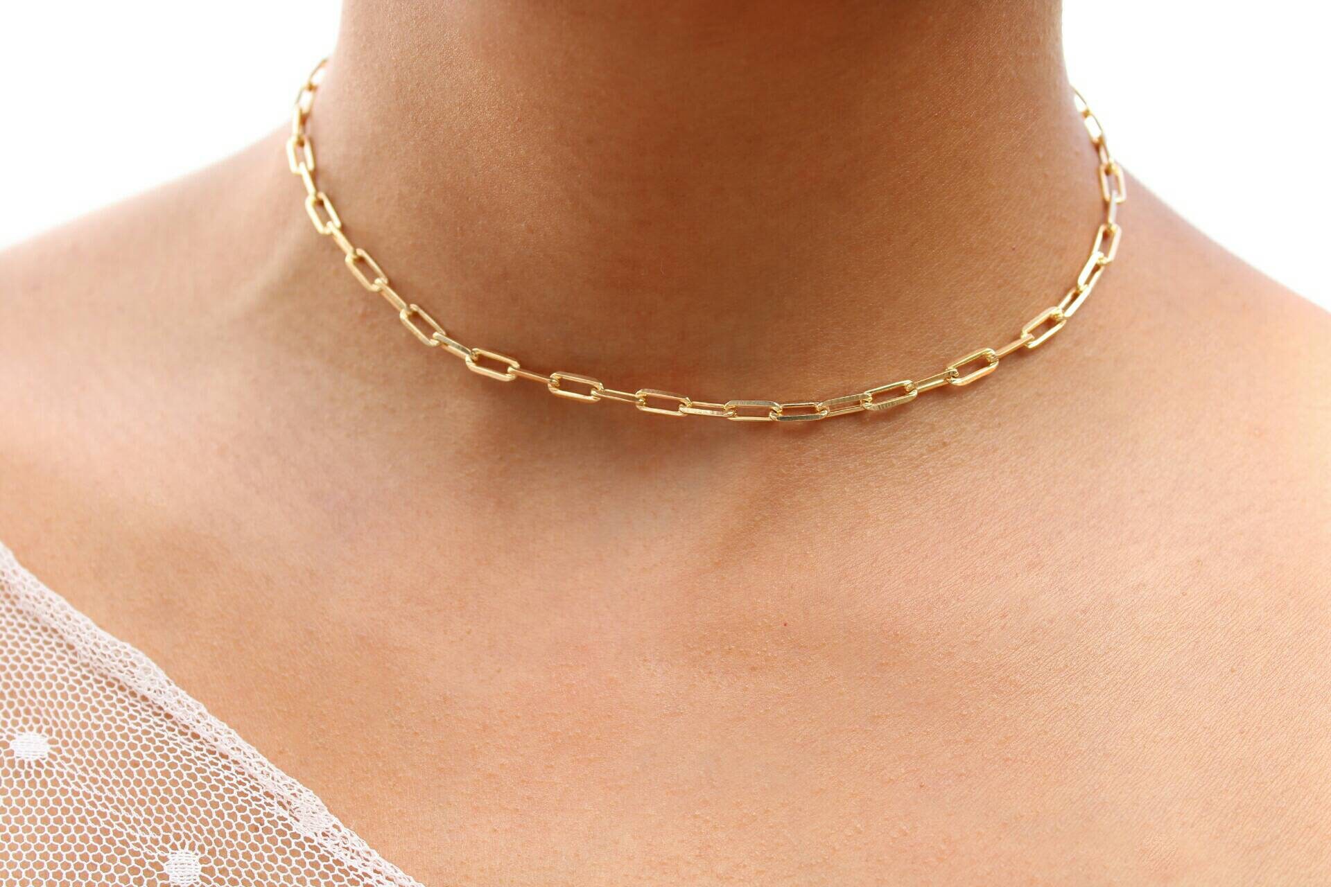 18k Gold Filled Paper Clip Chain Necklace: Minimalist Layering Choker