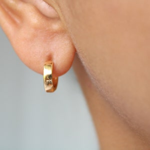 May include: A close-up of a person's ear with a small gold hoop earring.