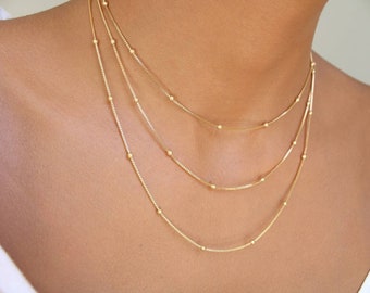 Beaded 18k Gold Filled Necklace, Gold Satellite Chain, Gold Layering Necklace, Minimalistic Jewelry, 1 mm beads box Link Chain Necklace