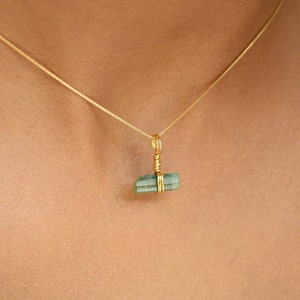 Green Tourmaline Necklace, 18k Gold Filled Chain, Raw Natural Dainty Crystal Jewelry
