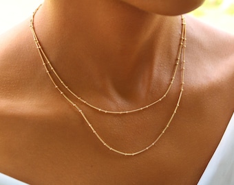 18K Gold Filled Satellite Chain Necklace: Waterproof Beaded Accent Chain