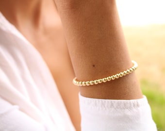 4mm Beaded Chain Bracelet: Dainty 18K Gold filled Beads Wristband