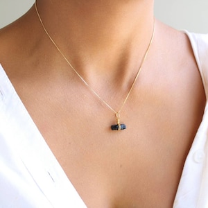 Black Tourmaline Necklace, 18K Minimalist Gold Filled Box Chain,  Raw Dainty Black Crystal Jewelry