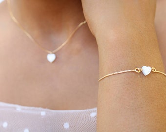 White Heart Jewelry Set of 2, Minimalist Delicate Necklace and Bracelet, 18K Gold Filled Chain, Shell Carved Heart, Friendship Jewelry