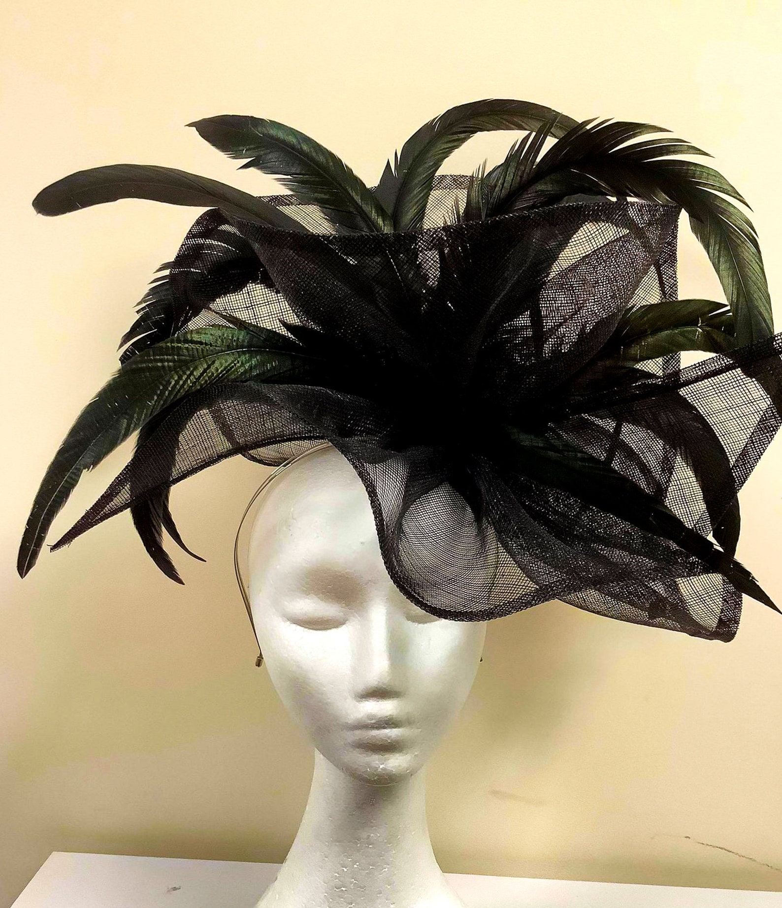 Extra Large Black Fascinator With Feathers Etsy
