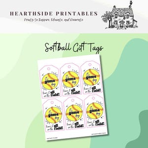 May include: Softball gift tags with a yellow softball graphic and the text "It's game day, leave it all on the field!" in black script. The tags are white with a pink border and a hole at the top.