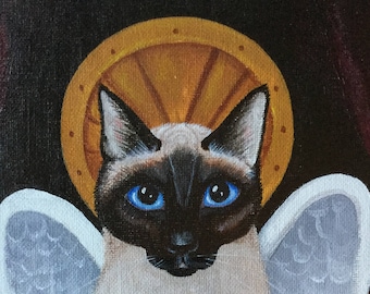 Siamese Cat Art Original Signed Painting Acrylic Wall Art Cat with Wings Blue Eyes Cat