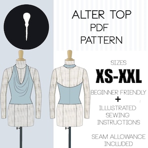 Op de afbeelding: Een digitaal naaipatroon voor een top om te veranderen in de maten XS-XXL. Het patroon bevat geïllustreerde naaianwijzingen en naadtoeslagen. Het patroon is geschikt voor beginners en is beschikbaar in een tweetalige versie.