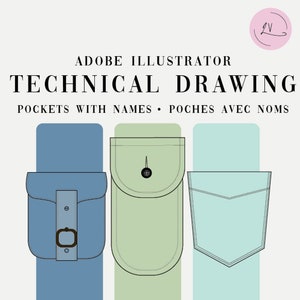 Può includere: Tre tipi diversi di tasche sono illustrati in questo disegno tecnico. La prima tasca è una tasca a toppa blu con una chiusura a fibbia. La seconda tasca è una tasca a toppa verde con una chiusura a bottone. La terza tasca è una tasca a toppa blu chiaro con un bordo superiore dritto.
