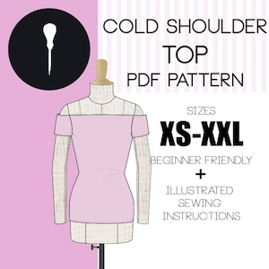Peut inclure: Illustration numérique d'un patron de couture de haut à épaules dénudées rose. Le patron comprend les tailles XS-XXL et des instructions de couture illustrées faciles à suivre pour les débutants. Le texte "BILINGUAL" est en bas de l'image.