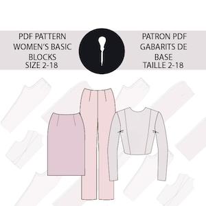 May include: A digital PDF pattern for women's basic sewing blocks, sizes 2-18. The pattern includes a skirt, trousers, and a cropped top. The image shows the pattern pieces laid out on a white background.