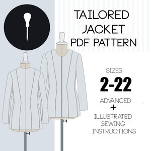 Peut inclure: Patron de couture PDF pour une veste cintrée. Le patron comprend des instructions illustrées et est disponible dans les tailles 2 à 22. Le patron est bilingue.