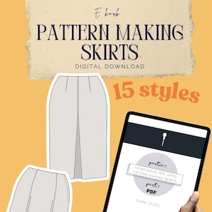Peut inclure: Un livre numérique intitulé PATTERN MAKING SKIRTS DIGITAL DOWNLOAD présentant 15 styles. La couverture affiche deux illustrations de jupes gris clair et une tablette montrant le texte partie 1 PATRONNAGE DES JUPES PATTERN MAKING SKIRTS part 1 PDF.