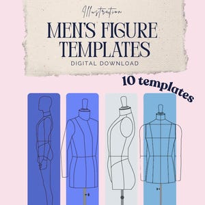 Peut inclure: Un téléchargement numérique comprenant 10 modèles de silhouettes pour l'illustration de mode. L'image présente quatre formes de mannequins dessinées dans diverses poses sur des fonds rectangulaires bleus, avec le texte "MEN'S FIGURE TEMPLATES" et "Design by DEZIEL".