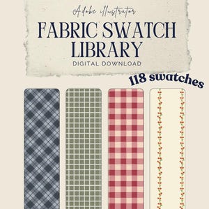 Peut inclure: Bibliothèque d'échantillons de tissu Adobe Illustrator en téléchargement numérique avec 118 motifs. Quatre échantillons rectangulaires verticaux sont présentés : un tartan gris foncé, une grille vert sauge, un vichy rouge et blanc, et un motif cerises.