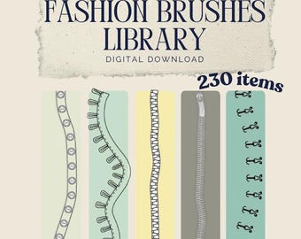 Más de 230 pinceles para cremalleras, botones y cierres para Adobe Illustrator | Paquete de herramientas técnicas para la moda | Descarga instantánea